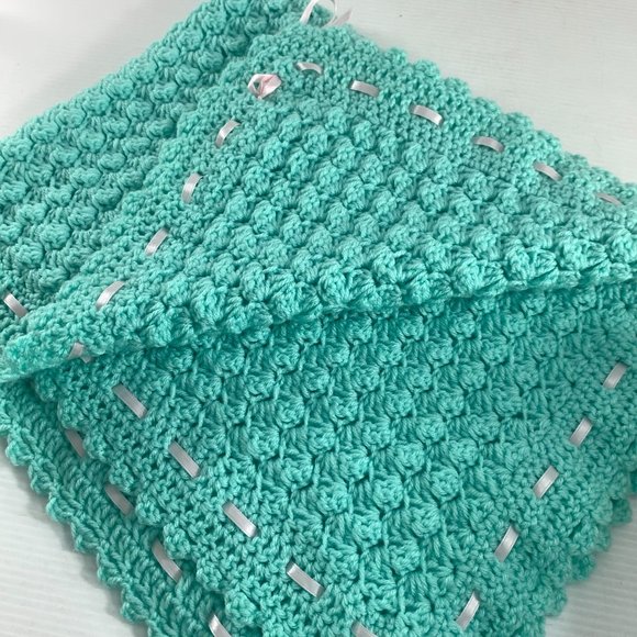 Handmade Crochet Sea Green Baby Blanket Ribbon Detail Scalloped Edge 41" X 34" - Picture 4 of 6
